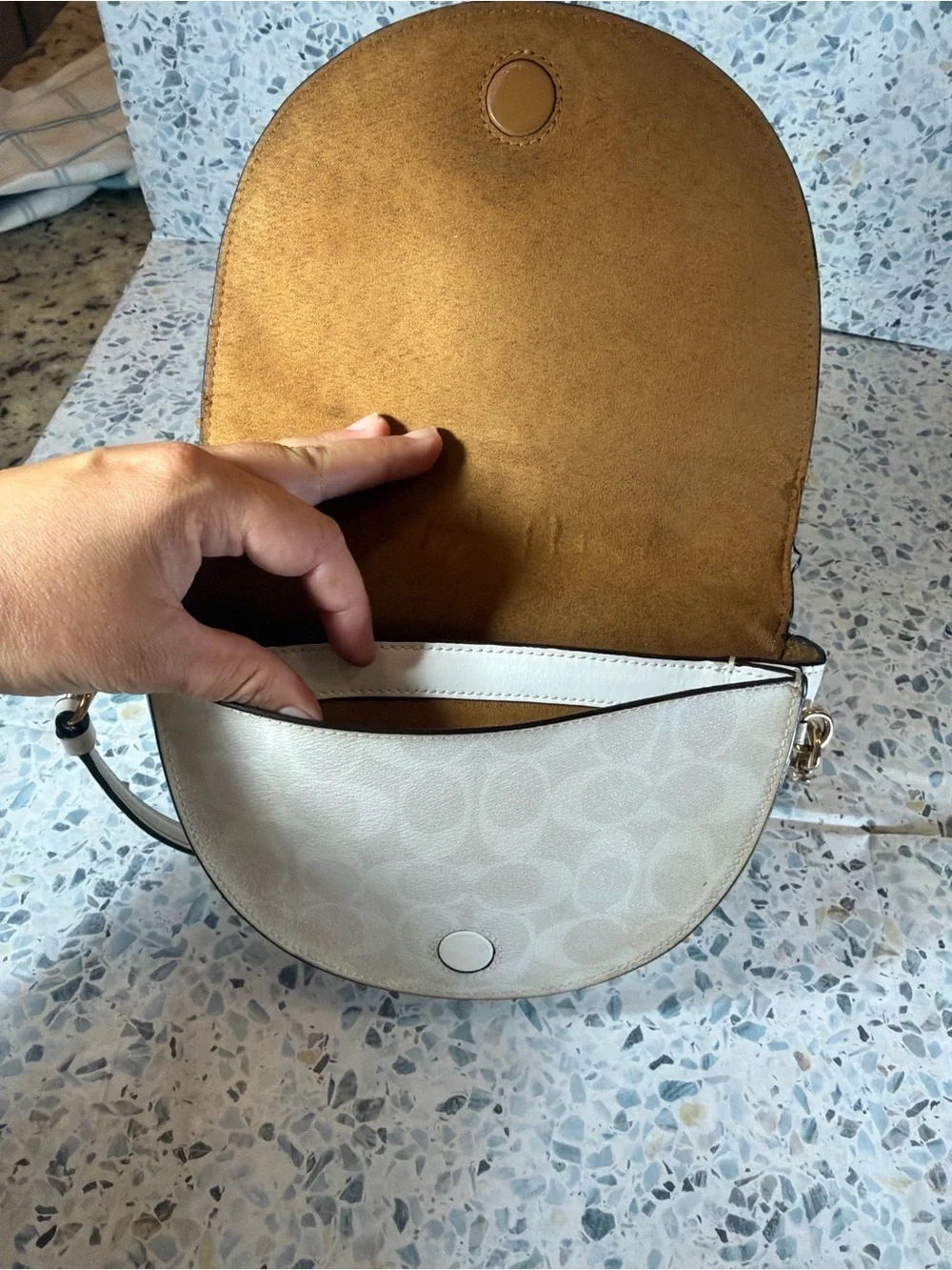 Coach Cream Signature Half-Moon Crossbody with Gold Hardware
